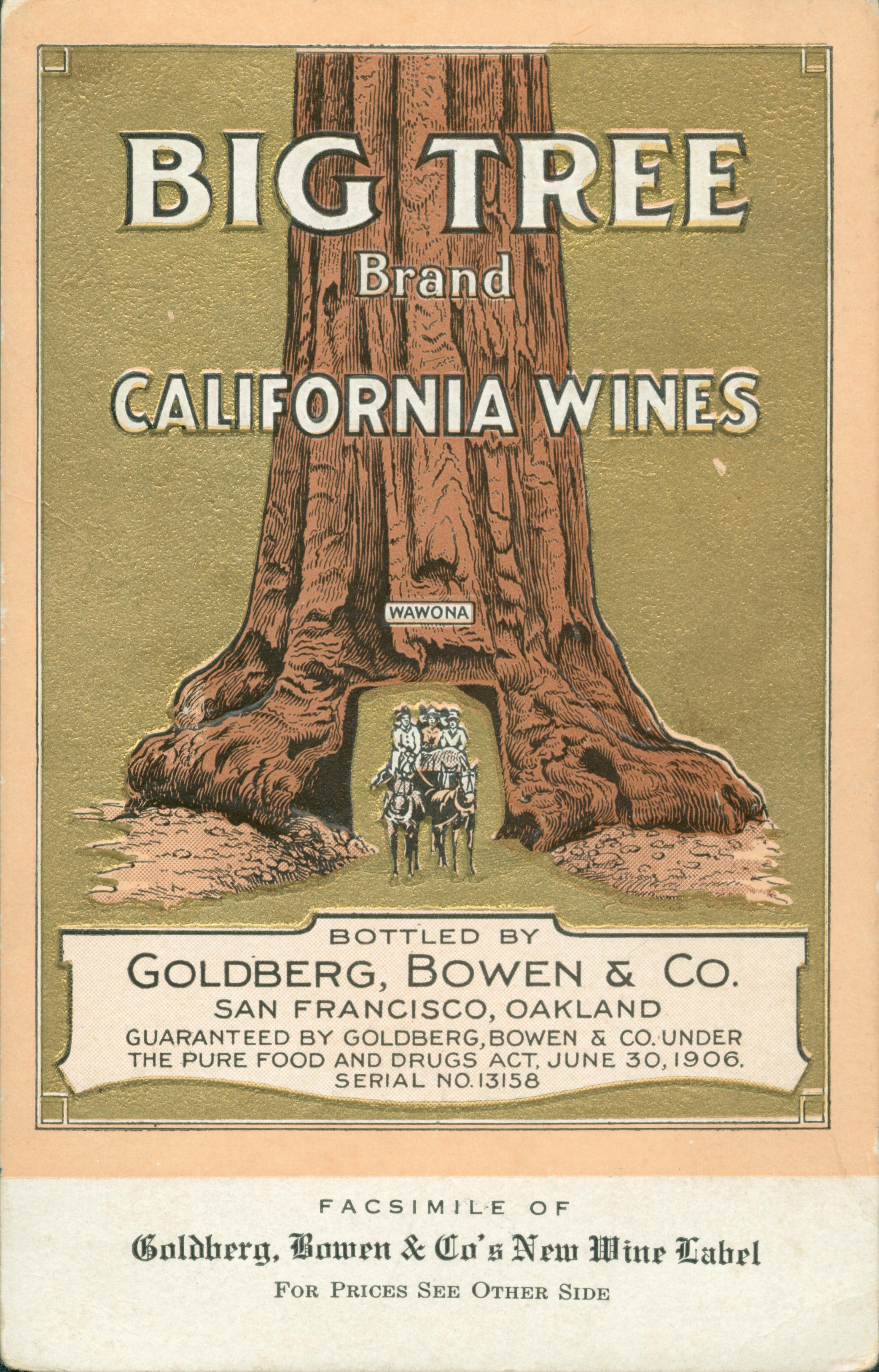 This wine label shows a wagon full of people going through the Wawona tree.